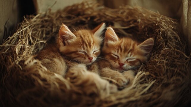 two adorable kittens sleeping in a cozy nest