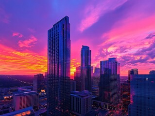 Obraz premium stunning sunset over modern city skyline