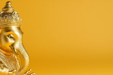 Golden ganesha statue on yellow background reflecting tranquility and prosperity