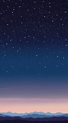 Starry vintage sky illustration landscape with mountains below, phone wallpaper combination of purple, blue and violet in a beautiful night