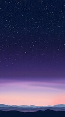 Starry vintage sky illustration landscape with mountains below, phone wallpaper combination of purple, blue and violet in a beautiful night