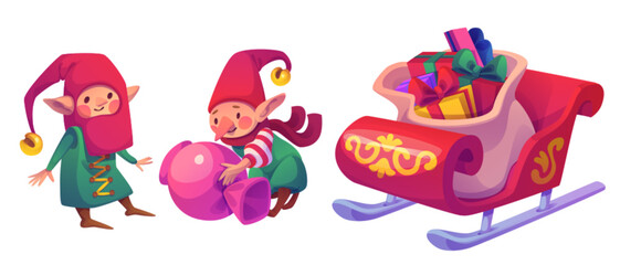 Cute elves in festive outfits carrying large candy next to decorated sleigh filled with colorful gifts in big sack. Playful Christmas atmosphere with Santa Claus helpers for Xmas holiday cards.
