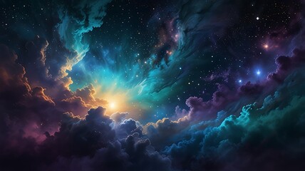 Fototapeta premium Celestial energy-themed backdrop with radiant streaks of cobalt blue and amber light, softly merging into a gradient of white and aquamarine for a balanced composition