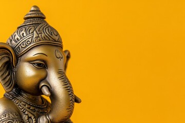 Bronze ganesha sculpture on vibrant yellow background