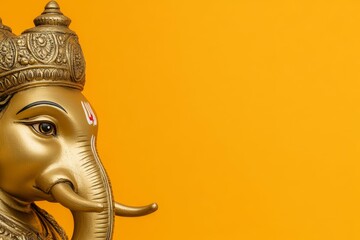 Golden ganesha statue against vibrant orange background
