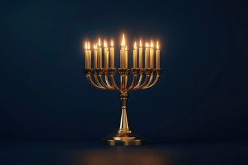 Happy Hanukkah greeting card template. Gold Menorah with candles on dark blue background. Hanukkah Jewish holiday celebration concept. 3D rendering 