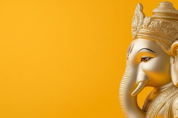 Gold elephant-headed hindu deity ganesha sculpture on yellow background