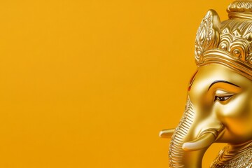 Golden ganesha statue on vibrant orange background