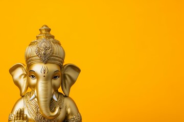 Golden ganesha statue with ornate details on vibrant orange background