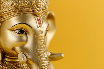Obraz premium Golden ganesh sculpture with intricate details on yellow background