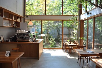 Obraz premium Cozy and Inviting Cafe Interior with Natural Light and Greenery