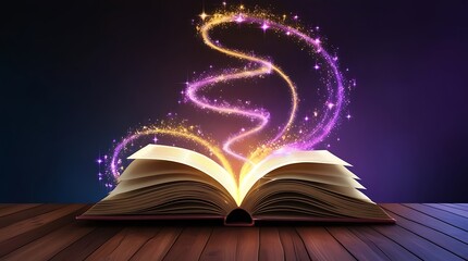 Mysterious fantasy magical opened book with rays of magic above it, sparks of magic
