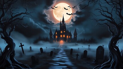 Halloween theme illustration of a haunted house with moon and clouds in background and bats flying in the sky, graveyard with tombstones and tombs, spooky theme