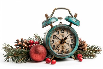 Close-up of festive clock with 5 minutes to midnight, isolated on white background, classic and striking