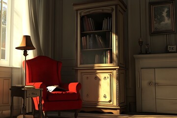 Fototapeta premium Cozy and Refined Home Library with Antique Furnishings and Natural Light