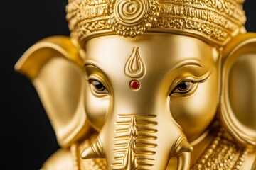 Obraz premium Golden ganesha sculpture with ornate detailing on black background