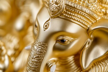 Obraz premium Golden ganesh statue close-up: intricate details of hindu elephant god