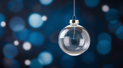 Hanged glass ornament with dark dark blue cold background and bokeh yellow golden lights in far away, shiny round ornament decorated Christmas theme