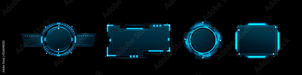 Poster futuristic tech game ui frames with glowing neon blue line on black background. user interfaces gami