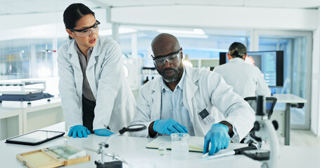 People, scientist and teamwork at laboratory for medical research, investigation and drug discovery...