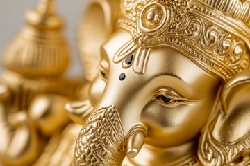 Obraz premium Intricate golden ganesha idol: close-up of hindu elephant deity statue