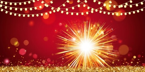 Obraz premium Sparked golden light on red background with shiny bright lights, light rays wallpaper design christmas and party theme illustration