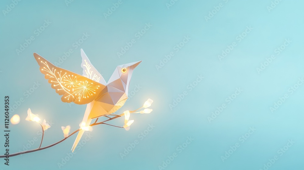 Aufkleber minimalist origami bird with illuminated fairy lights on branch against abstract blue background