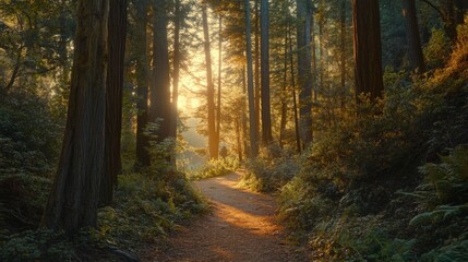 Obraz premium peaceful forest path with sunlight filtering through trees