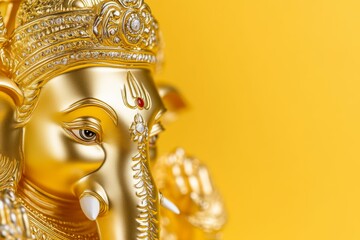 Obraz premium Close-up of golden ganesha sculpture on yellow background