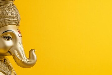 Golden ganesh statue on vibrant yellow background