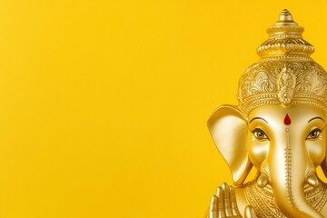 Golden ganesha statue on vibrant yellow background with intricate details