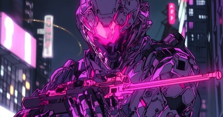 Cyborg Commando Wielding High-Tech Plasma Weapon Amid Neon-Lit Futuristic Cityscape