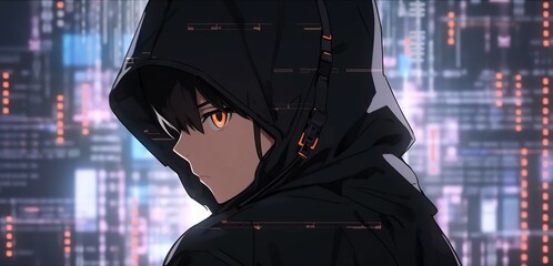 Hacker's Obscured Portrait with Bionic Enhancements and Holographic Backdrop