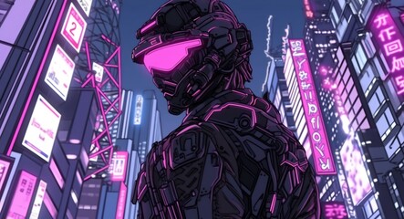 Bounty Hunter Navigating Dystopian Megacity Landscape with Advanced Tech Exosuit and Energy Weapon