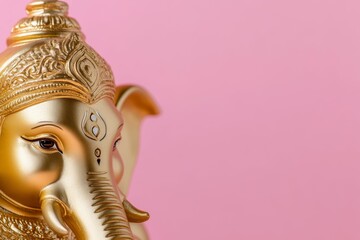 Obraz premium Golden ganesha statue on pink background: symbol of wisdom and prosperity