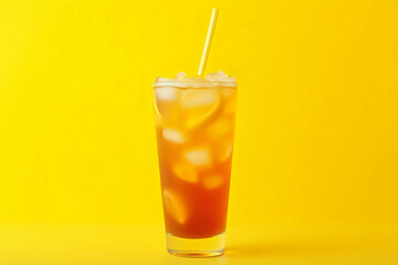 Fototapeta premium Iced tea with lemon and ice in a tall glass on a yellow background. The concept of a refreshing drink or lemonade on a hot summer day. Front view and copy space.