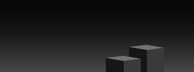 Dark podium with a cubic platform on a black backdrop, designed with an empty shelf for product showcasing. 3D visualization