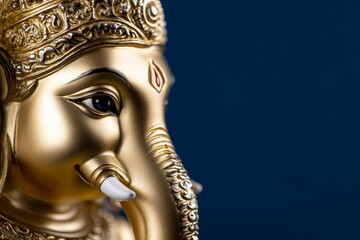 Obraz premium Golden ganesha statue with detailed ornamental headpiece on a blue background