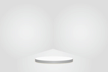 White podium in a bright room with a clean floor and gray platform for product display. 3D rendering