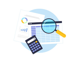 Professional accounting and finance audit. Budget calculations, profit and loss analysis, financial reporting, graphs, business tools and data visualization. Vector illustration on white background.