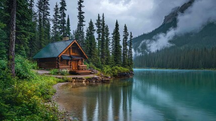 Obraz premium Serene Log Cabin by a Tranquil Lake Surrounded by Tall Evergreen Trees and Majestic Mountains under a Cloudy Sky in a Peaceful Wilderness Landscape