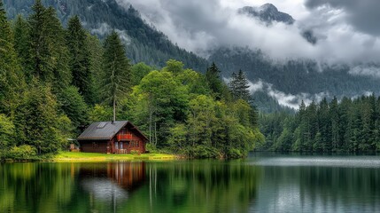 Obraz premium Serene Lakeside Cabin Surrounded by Lush Forest and Majestic Mountains Under a Cloudy Sky in a Picturesque Natural Setting
