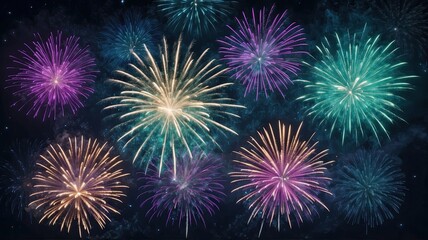 Obraz premium Overhead Bird's-Eye View of Cool-Colored Fireworks for New Year's Eve with Calm Atmosphere