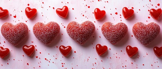 Fototapeta premium A spread of heart-shaped candies and gummies arranged in a loose pattern over a white background. Some candies are bright red, others soft pink, creating playful contrasts. The sugary texture 