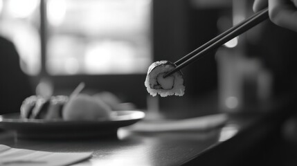 Obraz premium A focused shot of a single piece of sushi being picked up with chopsticks, with the rest of the table softly blurred