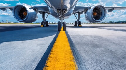 Airplane on Runway with Yellow Line