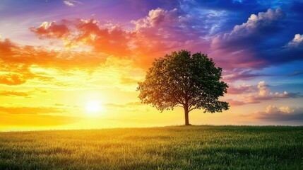 Obraz premium Majestic Single Tree Silhouetted Against a Vibrant Sunset Sky with Colorful Clouds and Open Grassland in the Foreground Creating a Serene Nature Scene