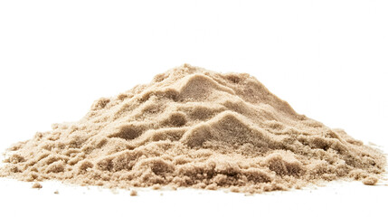 A heap of dry beach sand against a white background.