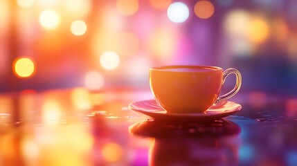 Fototapeta premium Coffee cup on table with blurred city lights at night.