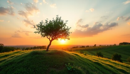 Fototapeta premium panorama small tree growing with sunrise. green world and earth day concept